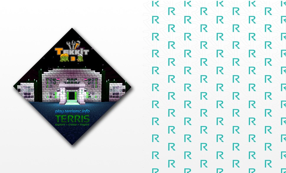 Digital poster for the new Tekkit Minecraft server, alongside a design pattern derived from the Terris wordmark.