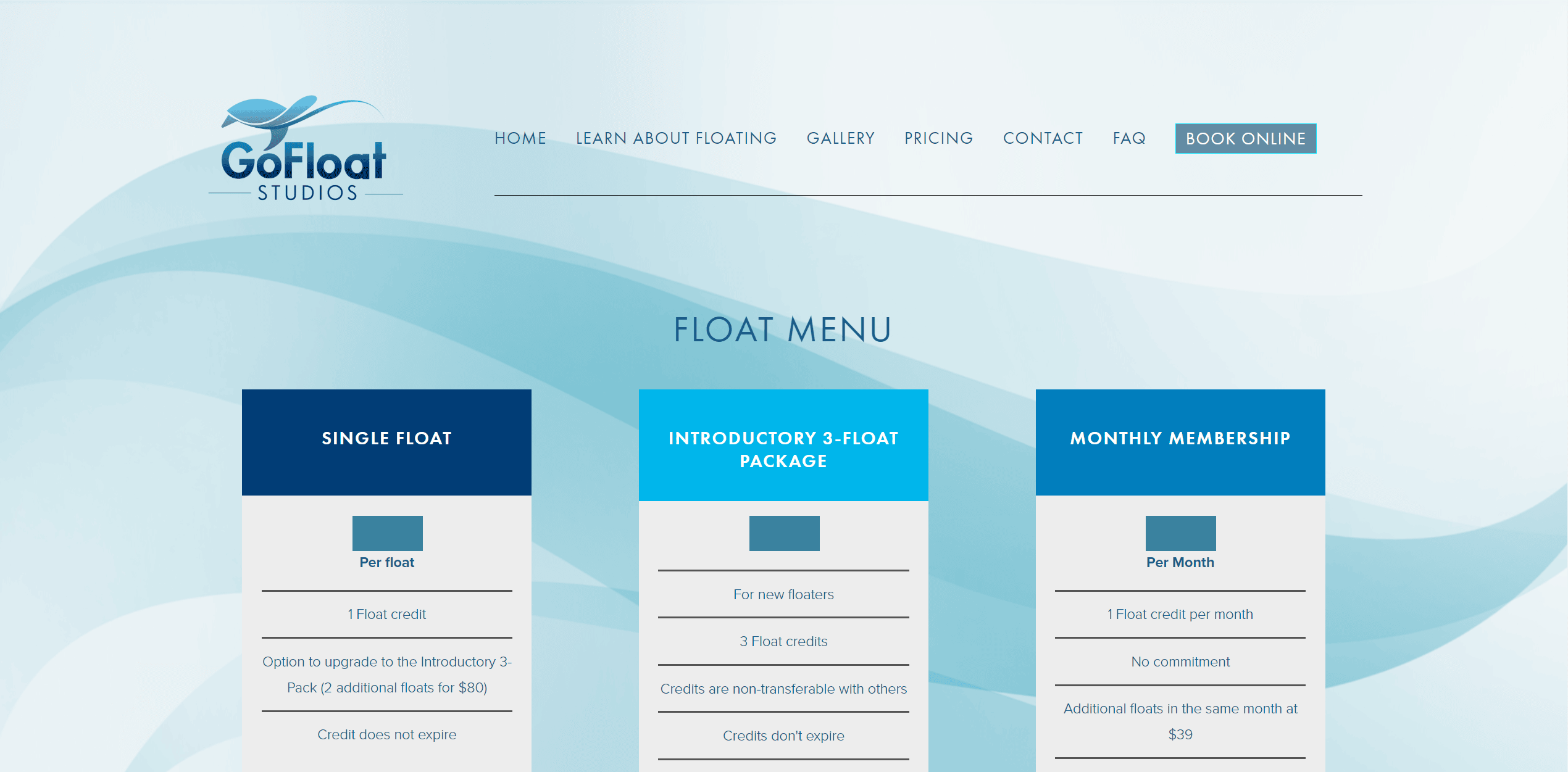 Pricing menu of floating services and packages.